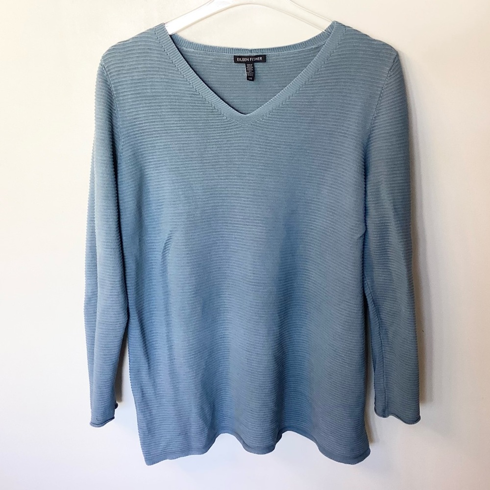 Eileen Fisher Ribbed V-Neck Tencel Sweater - Blue - L